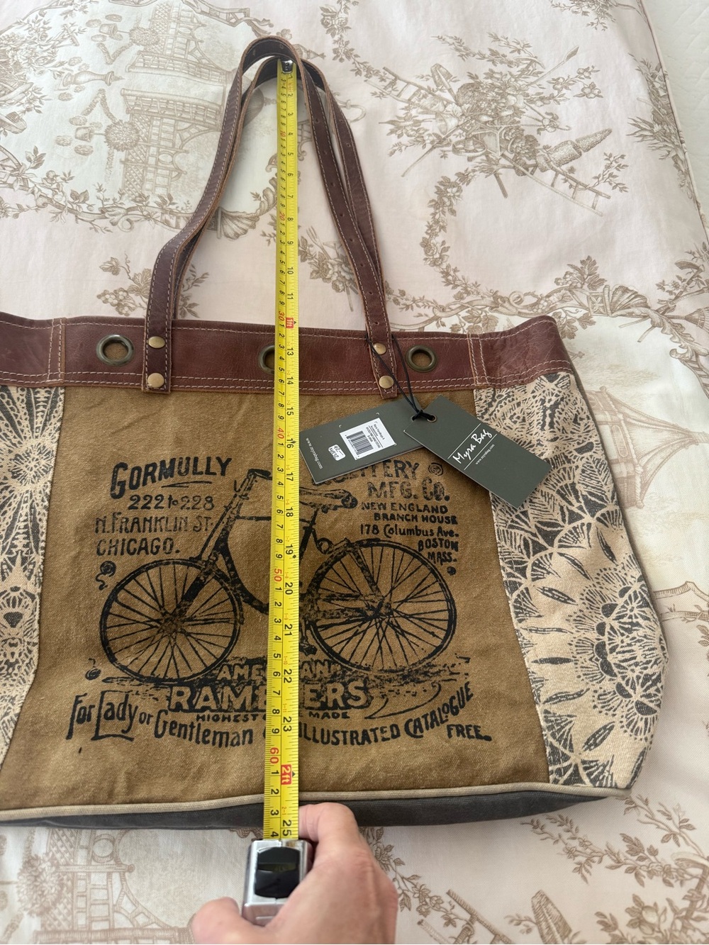 Myra Bag Brown Canvas & Leather Bicycle Print Tote - Picture 5 of 8